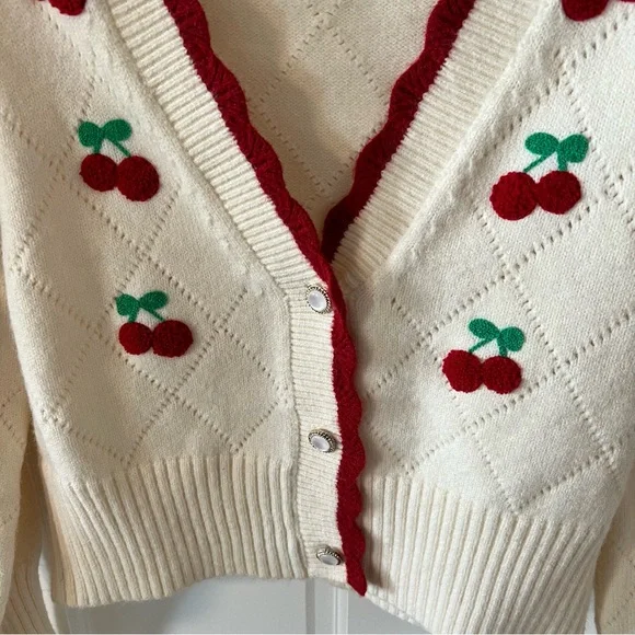 CIDER ivory argyle knit cardigan cherry embroidery coquette girly chic Size S - Picture 3 of 6